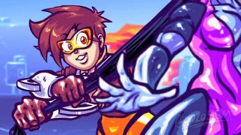1boy 2girls brown_hair clenched_teeth close-up crotch_kick cunt_punt dismemberment exhausted femdom gonzossm gore gun hair_pull in_pain overwatch pain purple_skin purple_skinned_female screaming short_hair soldier_76 tagme very_long_hair video voice_acted widowmaker