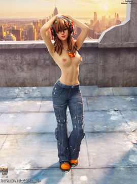 3d 3d_(artwork) abs belly breasts darkbahamuth female fortnite jeans pinup pj_(fortnite) posing rooftop topless topless_jeans