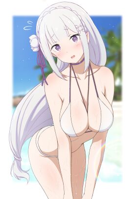 1girls beach belly breasts cleavage elf elf_ears elf_female elf_girl emilia_(re:zero) female fz064 half_naked hips leaning_forward looking_at_viewer partially_clothed purple_eyes re:zero_kara_hajimeru_isekai_seikatsu silver_hair solo standing swimsuit thighs wet