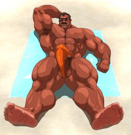 armpit armpit_hair balls bara body_hair boner erection erection_under_clothes facial_hair feet foot_fetish hand_behind_head hitenmaru lying_on_back male male_focus male_only moustache muscles muscular penis solo solo_male sunglasses sweat sweating thong yaoi
