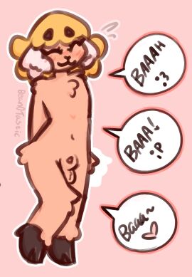 animal_genitalia anthro balls bean0tastic beanie_(bean0tastic) blush bodily_fluids bovid caprine chest_tuft eyelashes femboy fluffy_ears genitals half-erect hands_behind_back heart_symbol hi_res hip_tuft hooves horn male mammal nude penis sheath sheep solo speech_bubble standing sweat tuft