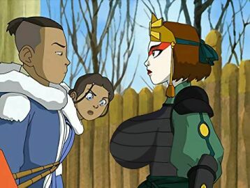 1boy 2girls avatar_legends avatar_the_last_airbender blue_eyes breasts brown_hair earth_kingdom facepaint female human katara kyoshi_warrior male multiple_females multiple_girls nonbender screencap screenshot screenshot_edit sokka suki tied_hair tied_up warpaint water_tribe
