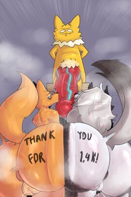 1boy 2girls absurd_res animal_genitalia animal_penis anthro anus ass big_ass big_butt big_penis canid canid_demon canine demon diane_foxington dreamworks eeveelution female fox fox_girl fur furry generation_1_pokemon genitals grey_body grey_hair group hair hellhound helluva_boss hi_res interspecies jolteon joltito joltorito licking loona_(helluva_boss) male male/female mammal multicolored_body multicolored_fur mythological_canine mythological_creature mythology nintendo oral penile penis penis_lick pokemon pokemon_(species) pubes pussy red_penis sex size_difference tail the_bad_guys tongue trio vein veiny_penis wolf wolf_girl