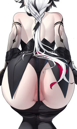 adapted_costume anus anus_peek arlecchino_(genshin_impact) ass ass_focus backless_outfit black_hair black_hands black_panties black_skin clawed_hands colored_extremities colored_skin commentary_request female from_behind genshin_impact gradient_skin highres huge_ass low_ponytail manzai_sugar multicolored_hair official_alternate_costume panties pants partially_visible_vulva pussy red_hair solo streaked_hair thighs thong underwear white_hair