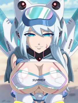 1girls beach big_breasts blue_eyes breasts cat_ears female ico_(mega_man) mega_man mega_man_x mega_man_x_dive rockmangrave swimsuit swimsuit_ico_(x_dive) white_hair white_swimsuit