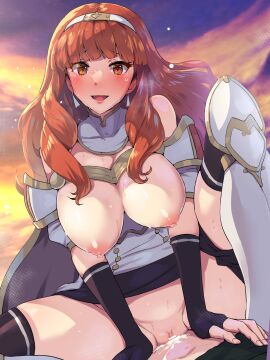 1boy 1girls absurdres alm_(fire_emblem) areola armor armored_boots bangs black_gloves black_panties black_skirt black_thighhighs blush boots boris_(noborhys) breasts breasts_out breasts_out_of_clothes cape celica_(fire_emblem) censored clothed_sex cowgirl_position cum cum_in_pussy cum_inside detached_collar dress earrings elbow_gloves female female_focus female_on_top fingerless_gloves fire_emblem fire_emblem_echoes:_shadows_of_valentia gloves gradient_sky hairband higher_resolution_available highres jewelry large_breasts long_hair looking_at_viewer male nintendo nipples open_mouth orange_sky outdoors panties panties_around_one_leg partially_clothed pauldrons purple_sky pussy red_eyes red_hair sex shoulder_armor skirt sky smile solo_focus spread_legs straddling straight thick_thighs thighhighs thighs twilight vaginal vaginal_penetration white_armor white_dress