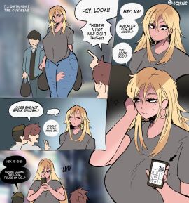 1girls beauty_mark blonde_hair breasts clothed comic english_text female gyaru hoop_earrings huge_breasts imminent_cheating jeans male mature_female milf mizuki_(ocerius) multiple_boys multiple_males ocerius original phone price propositioning prostitution taller_female torn_jeans