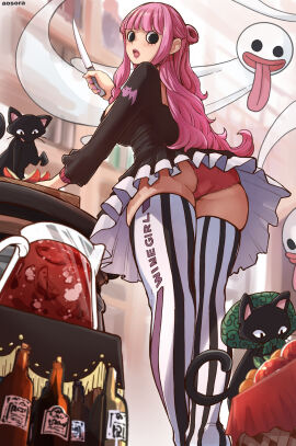 aosora artist_name ass black_dress black_eyes blunt_bangs bottle bread breasts cg dress feline female food frilled_dress frills from_behind from_below fruit ghost hair_bun holding holding_knife indoors knife long_hair long_sleeves looking_at_viewer looking_back nail_polish one_piece open_mouth panties pantyshot perona pink-haired_female pink_hair pink_panties red_panties short_dress skirt solo standing striped_clothes striped_thighhighs thighhighs thighs tongue underwear upper_teeth_only upskirt vertical-striped_clothes vertical-striped_thighhighs