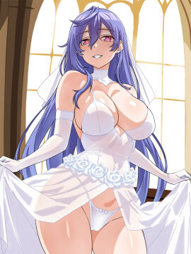 big_breasts breasts cleavage female goddess iris_heart light_skin looking_at_viewer neptunia_(series) panties pink_hair plutia purple_hair skirt_lift smile solo wedding_dress zatsu