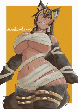bandage bandages black_hair brown_skin choker compressed_breasts fanart lewdcardraws massive_breasts monster_girl onigiriarts original_character wolf_ears wolf_girl yellow_eyes