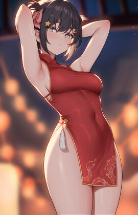 1girls armpits arms_behind_head arms_up ass bangs bare_shoulders black_hair blurry blurry_background blush breasts china_dress chinese_clothes closed_mouth covered_navel cowboy_shot depth_of_field dress female hair_ornament hair_ribbon highleg lilnoot_(vtuber) looking_at_viewer medium_breasts red_dress ribbon secon short_hair sleeveless solo standing star_(symbol) thighs underwear virtual_youtuber