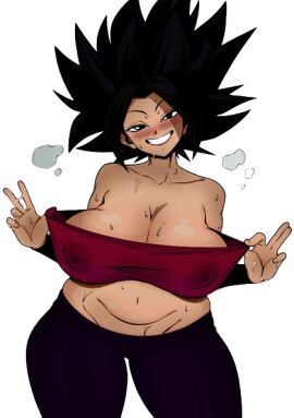 1girls ajaycolor big_breasts black_hair blush breasts bunkwizard caulifla cleavage clothed color color_edit colored colored_inner_hair colored_sketch colored_skin colorized dragon_ball dragon_ball_super female female_only female_saiyan large_breasts looking_at_viewer looking_back navel nipple_bulge peace_sign presenting pulling_shirt saiyan slightly_chubby smile solo solo_female solo_focus sweat sweatdrop thick_thighs thighs tubetop wide_hips