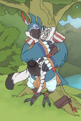 4_toes anisodactyl anthro avian avian_feet balls big_balls big_penis bird blue_body blue_feathers bottomwear bottomwear_down breath_of_the_wild canid canine canis canon_x_oc clothed clothing duo feather_hands feathers feet felid feline fluffy fluffy_tail frottage galacticgoodie genitals hi_res hug huge_balls huge_cock hybrid hyper hyper_genitalia hyper_penis kass_(tloz) kass_(zelda) male male/male mammal nintendo nude outside pantherine pants pants_down partially_clothed penile penis penis_size_difference rito sex size_difference smile tail the_legend_of_zelda tiger toes winged_arms wings wolf