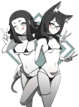 2girls black_and_white black_hair blush breasts cat_ears cat_girl cat_tail catgirl ear_piercing female female_only final_fantasy_xiv glasses hesitant human kyoka_akazome micro_bikini midlander miqo'te peace_sign posing posing_for_the_viewer senna_bilal small_breasts swimsuit tongue tongue_out white_eyes