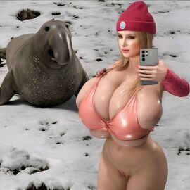 3d anastasia_(natsa) animal big_breasts blonde_hair bra breasts digital_media_(artwork) elephant_seal female gigantic_breasts hat huge_breasts large_breasts massive_breasts natsa outdoors phone pussy russian_female russian_woman samsung selfie sleeves smartphone snow vagina zoophilia