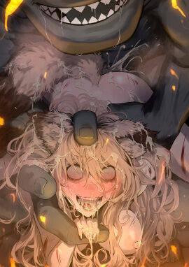 absurdres ape arm_grab arm_held_back blonde_hair blue_hair blush breasts completely_nude crying crying_with_eyes_open cum defeat female freckles haplorhine injury long_hair medium_breasts monster nipples nude open_mouth primate pussy red_eyes restrained ryona sex sex_from_behind shitappa0120 size_difference straight tears torn_clothes vaginal_penetration zoophilia