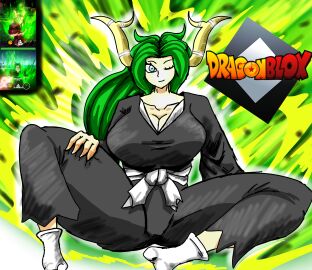 1girls 2d 2d_(artwork) 2d_artwork big_breasts blue_eyes breasts clothed dragon_ball dragon_blox female green_hair kimono legendary_super_saiyan looking_at_viewer lssj mature_female milf original ponytail reference_image roblox roblox_avatar roblox_game robloxian seductive_look sitting smile socks super_saiyan thick_thighs