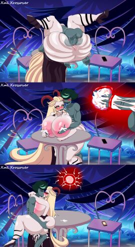 1boy 1girls ass_grab blonde_hair breast_grab cum cum_in_pussy cum_inside daughters_ex demon demon_girl demon_horns demon_milf dress ex-girlfriends_mother french_kiss french_kissing grabbing_ass grabbing_breasts grabbing_from_behind green_skin hand_on_ass hazbin_hotel horns huge_ass huge_breasts impregnation kissing lactation lilith_morningstar_(hazbin_hotel) mating_press milf mother netorare older_female older_female_and_younger_male over_table over_the_table self_upload seviathan_von_eldritch stitched table_sex tongue tongue_kiss vivienne_medrano vivziepop xml_xrossover_(artist) younger_female