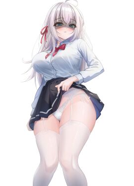 1girls ahoge alisa_mikhailovna_kujou azureareas17 black_skirt blush bow_panties bowtie breasts cowboy_shot female garter_straps grey_hair hair_ornament hi_res lace-trimmed_panties lace_trim large_breasts lifted_by_self long_hair looking_at_viewer panties pleated_skirt shaded_face side-tie_panties simple_background skirt skirt_lift solo solo_female thighhighs tokidoki_bosotto_russian_de_dereru_tonari_no_alya-san underwear white_background white_legwear white_panties white_shirt