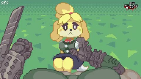 anal animal_crossing doom doom_slayer_(doom) extreme_size_difference isabelle_(animal_crossing) necronomic_con nintendo pixel_art tagme