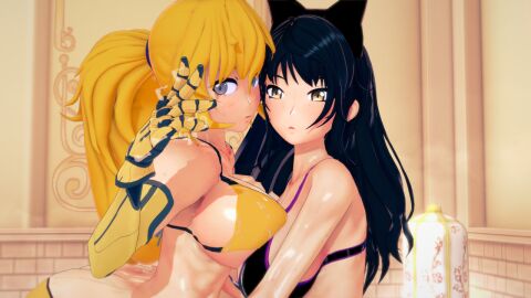2girls bikini bikini_bottom bikini_top black-haired_female black_hair blake_belladonna blonde_female blonde_hair canon_couple female multiple_females multiple_girls ponytail purple_eyes robotic_arm rwby stormstriker wet wet_body yang_xiao_long yellow_eyes
