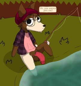 1boy anthro asking_a_question balls balls_tuft big_penis big_pubes bottomless bottomless_anthro bottomless_male canid canine clothed clothing dialogue fishing fishing_rod genitals grass_field hi_res male male_only mammal mikey6193 penis pond pubes red_penis solo speech_bubble talking_to_viewer tuft vein veiny_penis webfishing