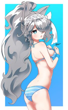1girls ass ass_crack back bikini bikini_bottom bikini_top blue_eyes boobs breasts butt_crack commission commission_art female female_focus female_only grey_hair long_hair oga41256714 sideboob solo solo_female solo_focus swimwear