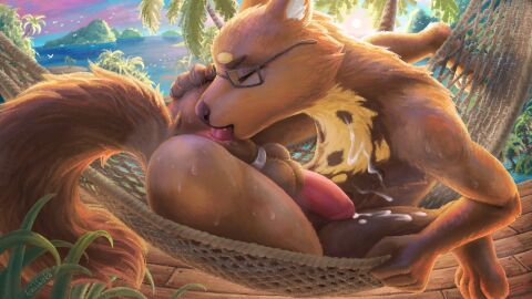 absurd_res anal anal_masturbation animal_genitalia anthro anus ass autorimming balls balls_stretcher blue_eyes bodily_fluids brown_body brown_fur cum cum_on_chest cum_on_leg cum_on_self detailed detailed_background digital_media_(artwork) digital_painting_(artwork) erection eyewear flake_(flakewave) flexible floor fur genital_fluids genitals glasses gulonine hair hammock hi_res humanoid_genitalia humanoid_penis hybrid_genitalia hybrid_penis male mammal markings marten masturbation musk musk_clouds musky_armpit musky_balls musky_butt musky_cock musky_feet mustelid musteline nipples nude open_mouth oral oral_masturbation outside palm_tree penis pine_marten plant rimming sea seaside sex shaded sheath sheathed_humanoid_penis signature sky solo spread_legs spreading sun sunset sweat sweatdrop tail tailbyte tongue tongue_out tree tropical water wood wood_floor