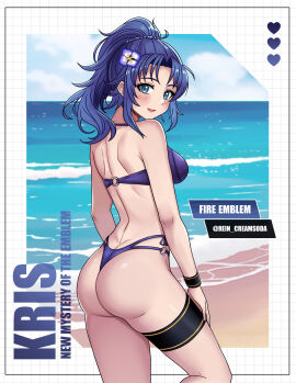 1girls absurdres alternate_costume artist_name ass ass_crack bare_shoulders bikini blue_bikini blue_eyes blue_hair blue_sky blush breasts butt_crack character_name cloud cloudy_sky commentary copyright_name day dimples_of_venus female fire_emblem fire_emblem:_new_mystery_of_the_emblem flower from_behind hair_flower hair_ornament high_ponytail highleg highleg_bikini highres kris_(fire_emblem) kris_(fire_emblem)_(female) large_breasts looking_at_viewer medium_breasts medium_hair nintendo o-ring o-ring_bikini ocean open_mouth outdoors ponytail rein_creamsoda shiny_skin shore sky smile swimsuit thigh_strap thighs water wristband