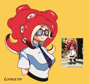 breasts female glasses glasses_on_face lotxolt octoling octoling_girl octoling_rival red_tentacles reference_image school_uniform schoolgirl smile smiling splatoon tentacle tentacle_hair tie
