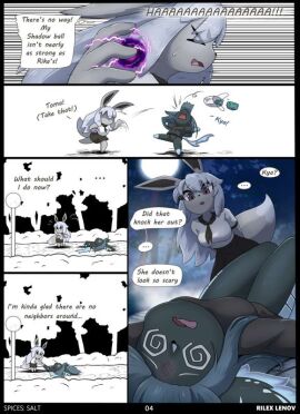 black_fur comic eevee eeveelution english_text furry grey_fur oc pokemon pokemon_(species) rilex_lenov shiny_pokemon skirt spanish_text spectreon spices:_salt_(comic) tie yurei_(rilex_lenov)