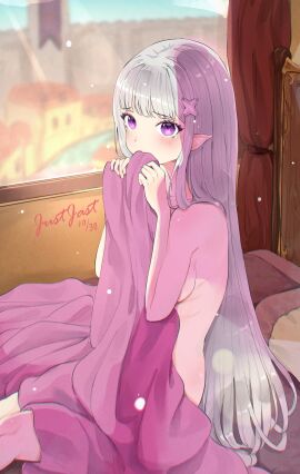 1girls blanket breasts clothes_removed covering elf elf_ears elf_female emilia_(re:zero) female justjast kidnapped light-skinned_female light_skin looking_at_viewer naked naked_female nude nude_female on_bed purple_eyes re:zero_kara_hajimeru_isekai_seikatsu sideboob silver_hair sitting solo submissive_female undressed