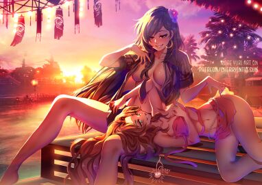 2girls aerith_gainsborough aerith_gainsborough_(pink_mermaid) bare_legs bench bikini bikini_skirt black_hair breasts brown_hair cherryinthesun evening female final_fantasy final_fantasy_vii final_fantasy_vii_rebirth final_fantasy_vii_remake hair_down lap_pillow multiple_females multiple_girls no_bra open_bikini open_clothes open_shirt pink_bikini signature smile sunset swimsuit tifa_lockhart tifa_lockhart_(majestic_glamour) yuri