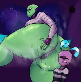 2024 alien anus ass ass_focus big_ass big_butt black_sclera blossonflower bodily_fluids breasts bullying dominant dominant_female duo female female/female genitals hi_res humanoid may_(blossonflower) pussy slave steamy_anus sweat sweatdrop sweaty_ass sweaty_butt teeth teeth_showing zina_(blossonflower)