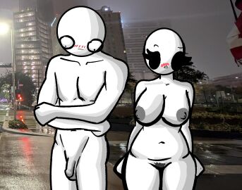 1boy 1girls alternate_version_available arms_at_sides arms_crossed bald bald_female bald_male balls black_pupils blush blushing_female blushing_male breasts chetoh city claire_(chetoh) completely_nude egg eggmale embarrassed_nude_female embarrassed_nude_male enf enm female flaccid flaccid_penis grey_nipples looking_at_side looking_down male male/female navel nipples nude nude_female nude_male oc original original_character original_characters penis pubic_hair pussy real_background testicles uncensored white_body white_pupils