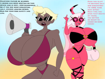 2girls agent_two beach bikini black_choker black_swimsuit blonde_hair breasts choker curvaceous curvy_female demon demon_girl demon_horns demon_humanoid demoness dialogue duffel_bag duo duo_focus english_text female female_only flipping_off flipping_the_bird heart_sunglasses helluva_boss huge_breasts human large_breasts long_hair mastzer21 medium_hair megaphone middle_finger no_tail no_wings pink_hair pink_skin succubus succubus_horns sunglasses swimsuit thick_thighs tinted_eyewear verosika_mayday_(helluva_boss) very_long_hair vivienne_medrano vivziepop wide_hips