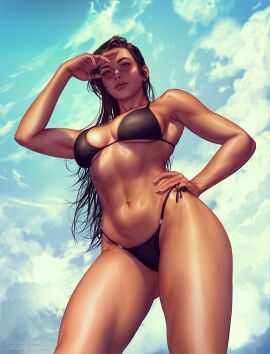 1girls big_breasts bikini black_bikini black_hair breasts child_bearing_hips earrings female female_focus female_only final_fantasy final_fantasy_vii final_fantasy_vii_remake fit fit_female fully_clothed krysdecker light-skinned_female light_skin solo solo_female sunlight sunny thick thick_thighs thighs tifa_lockhart wet wide_hips