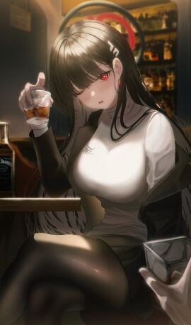absurdres alcohol bar_(place) black_hair black_jacket black_pantyhose black_skirt blue_archive breasts cup female hair_ornament hairclip halo highres holding holding_cup jack_daniel's jacket large_breasts long_hair off_shoulder one_eye_closed pantyhose pleated_skirt re_ga red_eyes rio_(blue_archive) skirt solo_focus sweater turtleneck turtleneck_sweater very_long_hair whiskey white_sweater