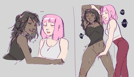 2girls adventure_time black_hair black_top blush bottomless chemise crop_top dark-skinned_female dark_skin female fingering grey_top highres human_marceline humanization interracial interracial_yuri marceline marceline_abadeer marceline_the_vampire_queen multiple_females multiple_girls nose_piercing nose_ring pants parted_lips piercing pink_hair pointy_ears princess_bonnibel_bubblegum princess_bubblegum red_pants spaghetti_strap steemyart sweat trembling_legs yuri