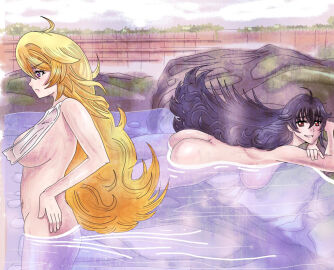 2girls casual female himawar1 himawari human mother_and_daughter nonsexual nonsexual_nudity onsen pale_skin raven_branwen rwby yang_xiao_long