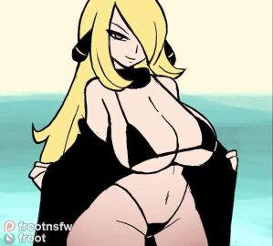 1girls animated artist_name bangs_over_eyes bikini black_bikini blonde_hair bouncing_breasts bra breasts center_opening cleavage clothing cynthia_(pokemon) female female_only grey_eyes huge_breasts jacket light-skinned_female light_skin long_hair mossyfroot no_sound one_eye_obstructed panties pokemon pokemon_dppt scarf smile solo tagme video