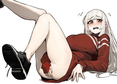 1girls 2024 ass bangs bare_legs big_breasts blush bottomless breasts busty calves clothed clothed_female clothing covering covering_crotch embarrassed female footwear habin_(insact) hair hi_res human insact knees_together_feet_apart large_breasts legs_up light-skinned_female light_skin long_hair looking_at_viewer lying lying_on_back nervous no_panties on_back open_mouth original original_character pale-skinned_female pale_skin partially_clothed red_eyes shirt shoes simple_background sneakers solo sweater sweater_only teeth thighs tongue top_heavy white_background white_hair