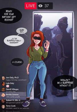 1girls 5boys birthday blindfold blindfolded chat chat_log clothed dialogue english_dialogue english_text female fully_clothed gingernextdoor green_shirt imminent_gangbang imminent_rape imminent_sex jeans light-skinned_female light_skin livestream long_hair male multiple_boys multiple_males ok_sign red_hair shirt shoes silhouette sneakers sparrow_(artist) speech_bubble standing stream_chat streaming