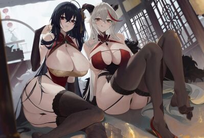 2girls aegir_(azur_lane) aegir_(golden_dragon_among_auspicious_clouds)_(azur_lane) arm_support azur_lane breasts female garter_belt garter_straps huge_breasts huge_thighs lemoneko licking_lips light-skinned_female light_skin qipao sakura_empire_(azur_lane) sitting sitting_on_floor soles_of_feet_in_socks stockings taihou_(azur_lane) taihou_(phoenix's_spring_song)_(azur_lane) thick_thighs toes voluptuous wide_hips