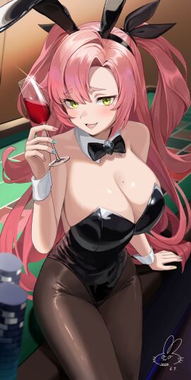 1girls animal_ear_hairband animal_ears awa_(awao141) black_bow black_bowtie black_leotard bow bowtie breasts cup detached_collar drinking_glass fake_animal_ears female green_eyes hairband highres holding holding_cup leotard long_hair mole mole_on_breast mole_under_eye nicole_demara pantyhose pink_hair playboy_bunny poker_chip poker_table rabbit_ear_hairband rabbit_ears solo table two_side_up very_long_hair wine_glass wrist_cuffs zenless_zone_zero