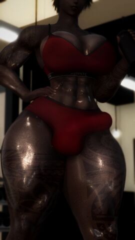 1futa 3d abs big_breasts black_hair breasts bulge bulge_through_clothing cleavage dark-skinned_futa dark_skin final_fantasy final_fantasy_xiv freyfreyxiv futa_only futanari gym gym_clothes hand_on_hip huge_breasts huge_cock indoors intersex large_breasts muscular muscular_arms muscular_futa muscular_thighs penis penis_outline shiny_skin solo solo_futa sports_bra standing tattoo thick_thighs tribal_markings wide_hips