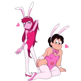 1boy 1futa accurate_art_style animal_ears arm_up ass black_eyes black_hair blush blush_lines bodysuit bulge bulge_through_clothing bunny bunny_costume bunny_ears bunny_tail bunnysuit cartoony chubby chubby_femboy chubby_male cleavage clothed clothing color colored crossdressing cuffs cute dark_brown_hair detached_collar detached_cuffs digital_drawing_(artwork) digital_media_(artwork) duo earrings femboy flat_chest flat_chested fluffy_tail futanari gem gem_(species) hair_down hairless_armpits high_heels hotfiresu human hybrid intersex leotard long_hair lowres male male_only not_ai_generated on_knees pink_background pink_bodysuit pink_bowtie pink_bunnysuit pink_leotard pink_nail_polish pink_nails playboy_bunny posing red_bodysuit red_bunnysuit red_eyes red_hair red_leotard self_upload short_hair simple_shading sitting spinel_(steven_universe) standing steven_quartz_universe steven_universe stevinel strapless strapless_leotard tail thighs white_background white_ears white_legwear wrist_cuffs