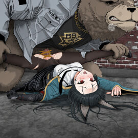 1boy absurdres animal_ears asaripan bar_censor ben_bigger black_gloves black_hair black_pantyhose black_skirt blush censored clenched_teeth clothed_sex female fingerless_gloves fingernails fox_ears fox_girl furry furry_male gloves green_jacket highres hoshimi_miyabi interspecies jacket long_hair lower_teeth_only male on_ground open_mouth outdoors pantyhose penis pussy red_eyes saliva sex shirt single_fingerless_glove skirt straight teeth torn_clothes torn_pantyhose vaginal_penetration white_shirt zenless_zone_zero