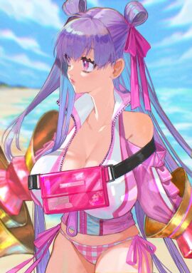 bare_shoulders beach bikini blue_sky blush breasts claw_(weapon) cleavage clothing_cutout fate/grand_order fate_(series) female hair_ribbon highres huge_breasts jacket long_hair long_sleeves looking_to_the_side open_mouth ota_(ota-0000) passionlip_(celeb_summer_experience_swimsuit)_(fate) passionlip_(fate) passionlip_(swimsuit_saber) pink_bikini pink_eyes pink_jacket pink_ribbon purple_hair ribbon shore shoulder_cutout sky solo swimsuit very_long_hair weapon