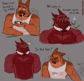 anthro bodily_fluids canid canine canis cum cum_in_mouth cum_inside domestic_dog dragon duo fur genital_fluids german_shepherd herding_dog hi_res male male/male mammal muscular muscular_anthro muscular_male mythological_creature mythological_scalie mythology nipples pastoral_dog pecs red_body red_scales scales scalie shouty_(xshouty) wulfer-shepherd wulfer_(character)